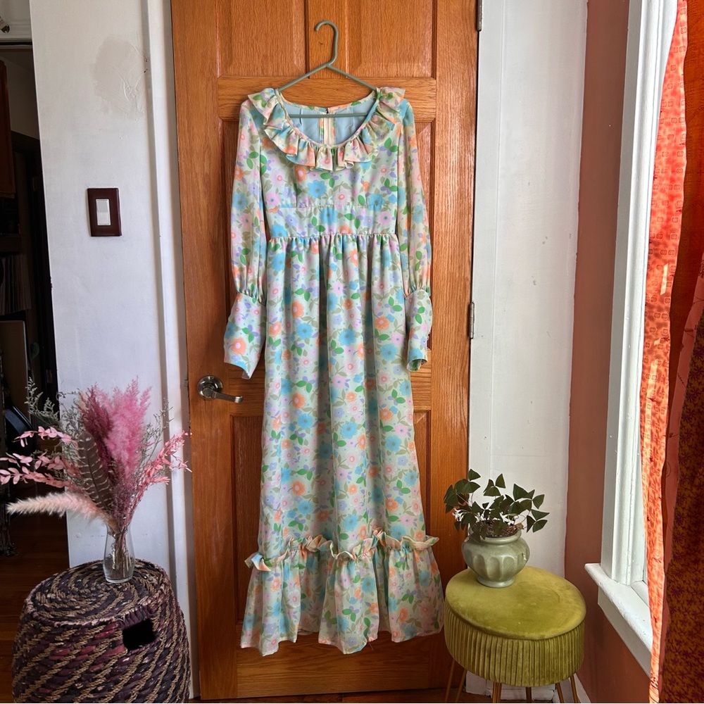 Vintage Handmade Pastel Ruffled Tiered Gown with Slight Bishop Sleeves